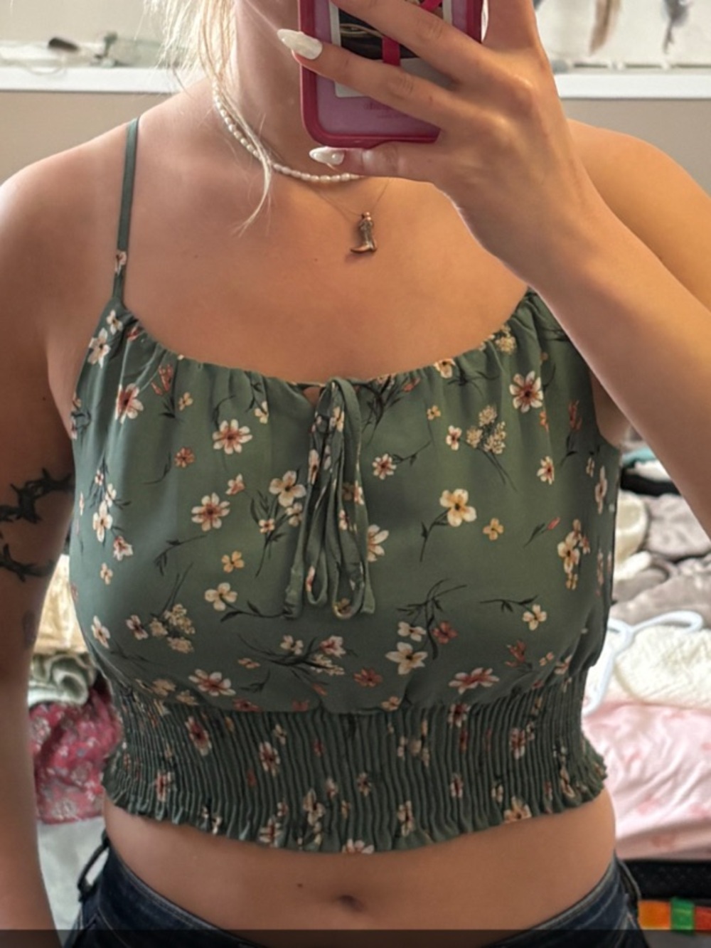 Paper Crane Green Floral Smocked Crop Cami with Tie